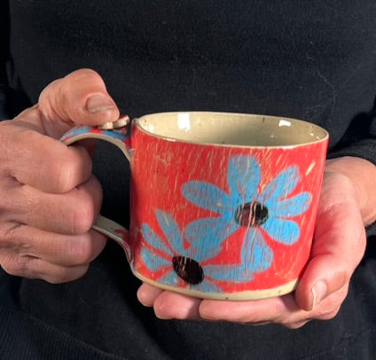 Handbuilt Stoneware Pottery Mug — Red & Blue