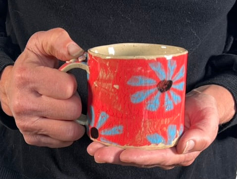 Handbuilt Stoneware Pottery Mug — Red & Blue