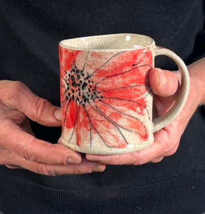 Handbuilt Stoneware Pottery Mug — Painted Daisies in Red & Orange