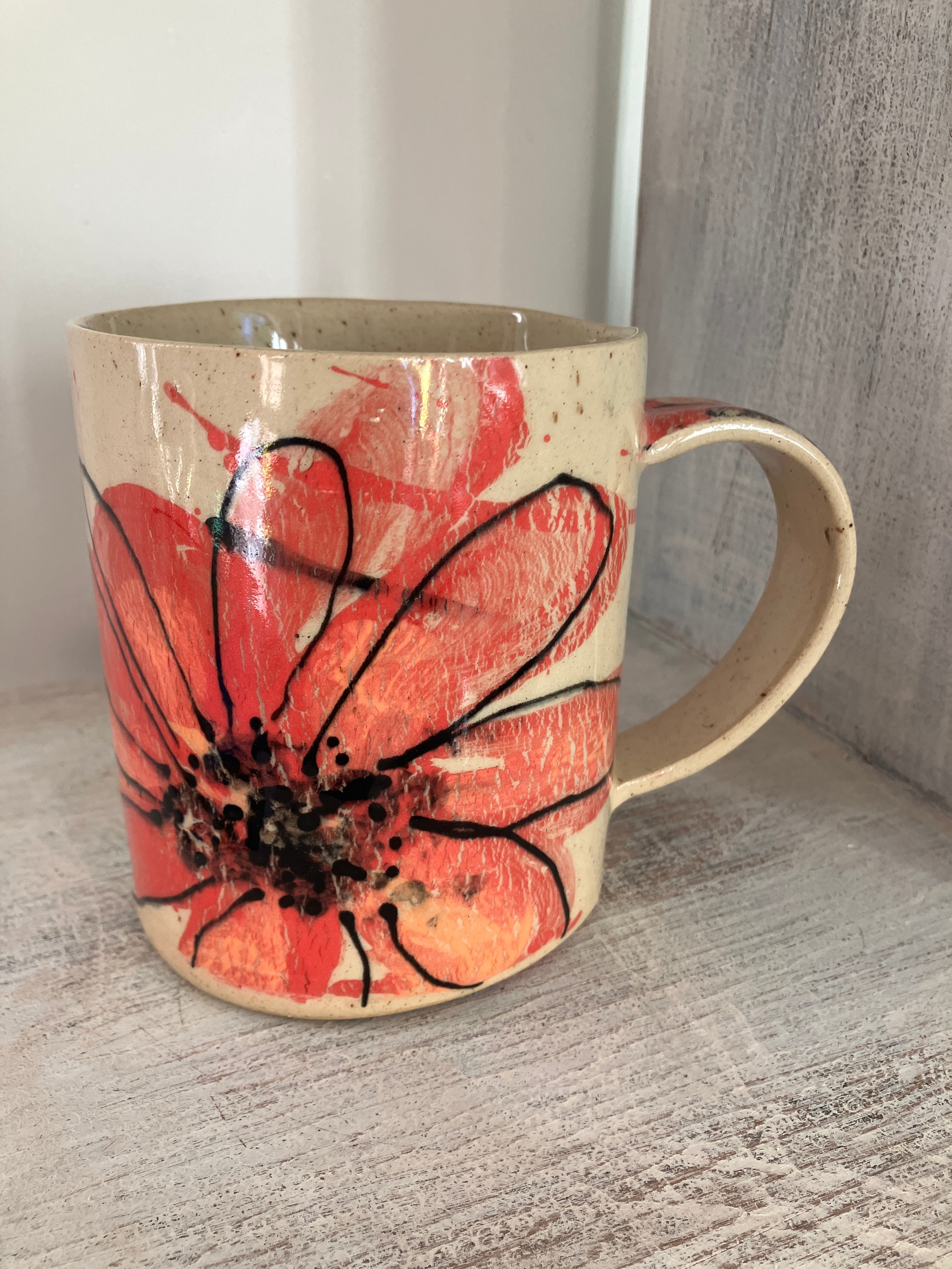 Handbuilt Stoneware Pottery Mug — Painted Daisies in Red & Orange