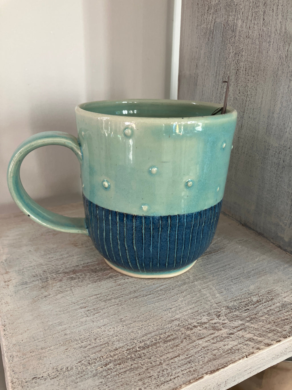Hand Thrown Stoneware Mug — Carved Lines & Dotted Texture in Teal