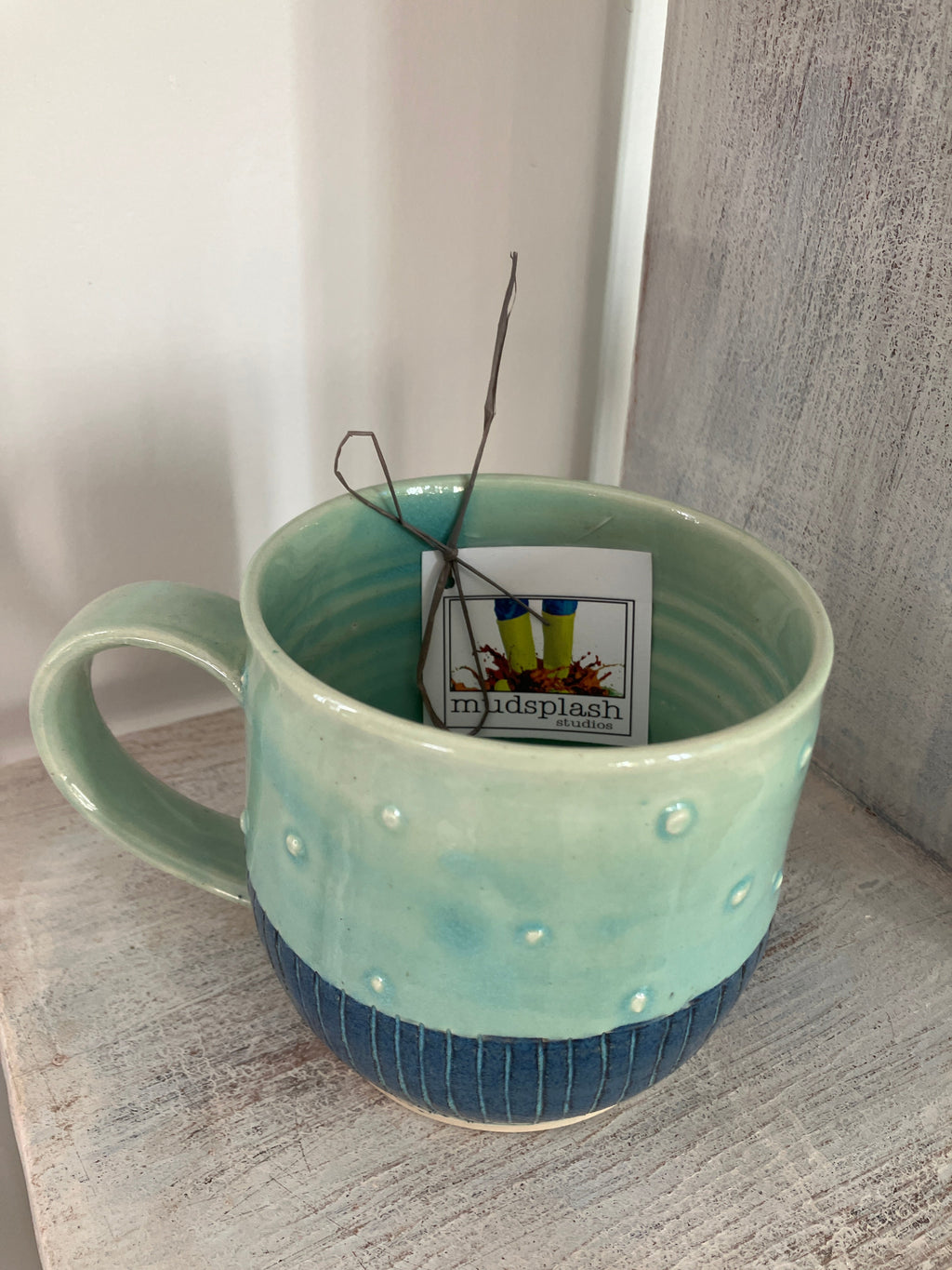Hand Thrown Stoneware Mug — Carved Lines & Dotted Texture in Teal